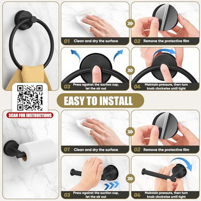BKV Suction Cup Towel Ring,Hand Towel Holder for Bathroom,Stainless Steel Heavy Duty Round Towel Hanger for Bath,Kitchen-Matte Black - color: Black
