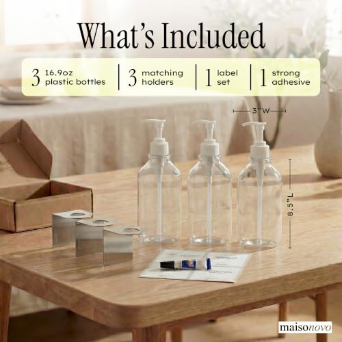MaisoNovo Shampoo and Conditioner Dispenser|Refillable Clear Set of 3 | No Drill Wall Mount - Shower Soap Dispenser · Holds Body Wash or Hand Soap · Wall Soap Dispenser - For shower and bathroom - color: Clear Set of 3