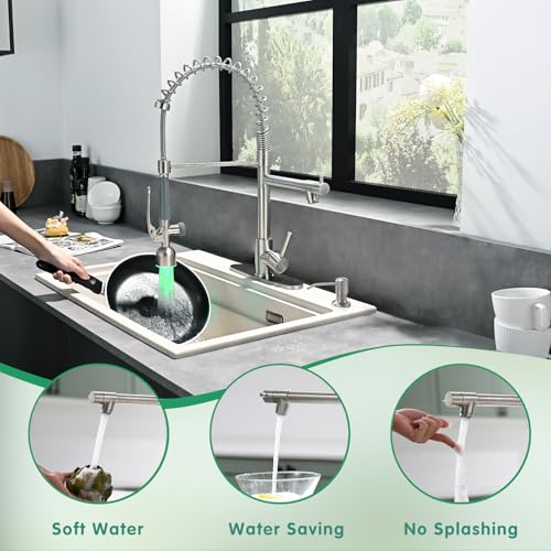 Fapully Commercial Kitchen Faucets with Pull Down Sprayer Brushed Nickel | Kitchen Sink Faucet with Soap Dispenser and Deck Plack,Single Handle 4 Hole Faucet for Kitchen Sink, 360° Swivel - color: Brushed Nickel, style: Rustic