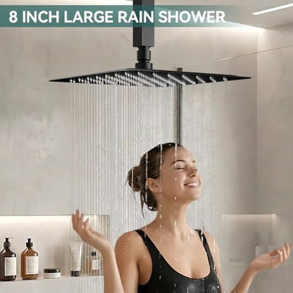 STARBATH Shower Faucet Set Shower System with Diverter Valve, Matte Black | 8" Ceiling Mount Rain Shower Head and Handheld Spray for Two Person, Shower Set with Valve and Trim Kit Complete - color: Matte Black, size: 8"-02