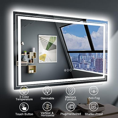 Snowdool 48 x 30 in LED Bathroom Mirror, Front and Backlit, Anti-Fog | Front and Backlit, Stepless Dimming, Anti-Fog, Memory Function