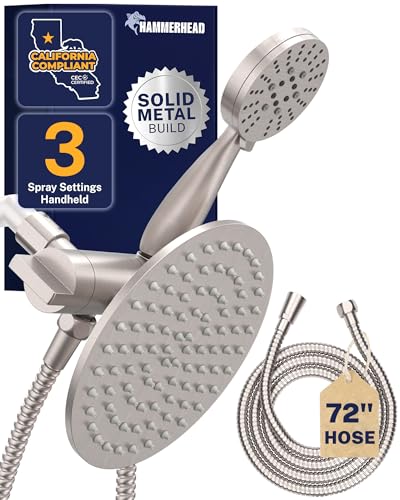HammerHead Showers Dual Shower Head Combo, 8-Inch Rainfall & 3-Flow Handheld, Brushed Nickel, 1.75 GPM - color: Brushed Nickel, size: 1.75 GPM California