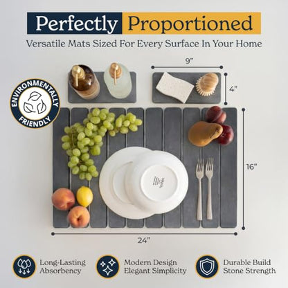 Oleex 3-Pack Stone Dish Drying Mat Set Includes 1 Large 24”x16” & 2 Small 4”x9” for Kitchen Counter-Collapsible Diatomaceous Earth Pad Absorbs Water & Dries Dishes Fast, Non-slip, Odor-Resistant Mats - color: Dark Gray