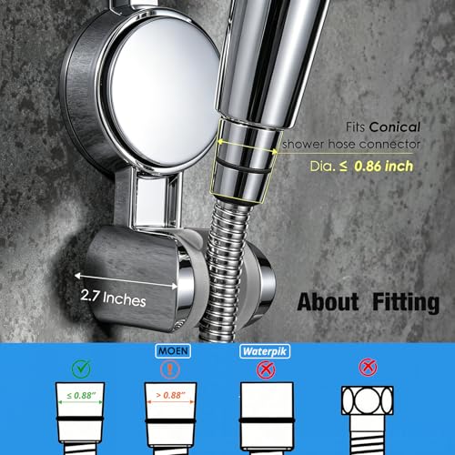 Hand held Shower Head Holder- Enhanced Suction Cup - 5 Angles Adjustable - Relocated Bathroom Wall Mount Shower Wand Holder (Chrome Finish)