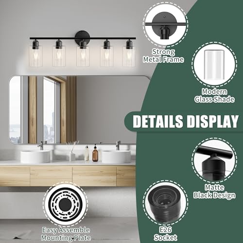 Bathroom Vanity Light Fixtures Matte Black Bathroom Lighting Fixture, 5 Lights Bathroom Light Fixture Over Mirror, Modern Black Vanity Light, Wall Sconces with Glass Shades - color: Matte Black, size: 5 Lights