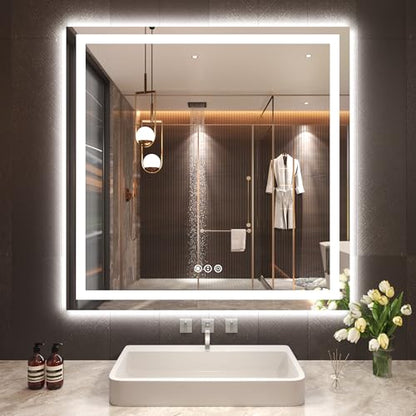 Snowdool 36 x 36 in LED Bathroom Mirror, Front and Backlit, Anti-Fog | Front and Backlit, 3 Color Temperatures, Anti-Fog, Tempered Glass - size: 36"L x 36"W