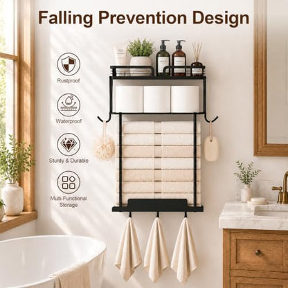 Towel Racks for Bathroom 23.8 Inch Wall Mounted Towel Rack with Shelf, Small Bathroom Towel Storage Holds 3–6 Large Rolled Towels, Metal Wall Towel Rack, Black - size: 23.8inch