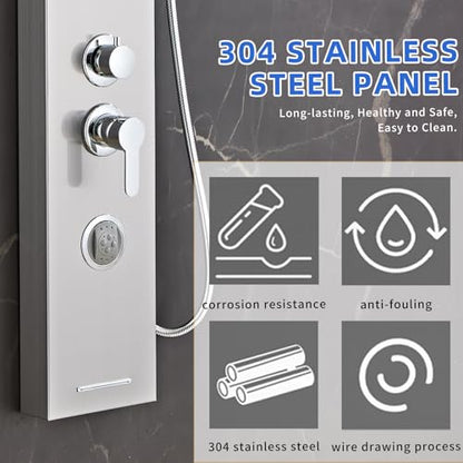6 in1 Multi-Function Shower Panel Tower System-Brushed Gray | 304 stainless steel Shower Panel Column Tower with Powerful Body Massage, Rainfall, Waterfall,Handheld and Tub Spout - color: Brushed Gray, style: HSY-003