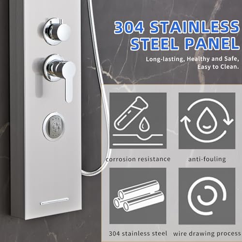 6 in1 Multi-Function Shower Panel Tower System-Brushed Gray | 304 stainless steel Shower Panel Column Tower with Powerful Body Massage, Rainfall, Waterfall,Handheld and Tub Spout - color: Brushed Gray, style: HSY-003