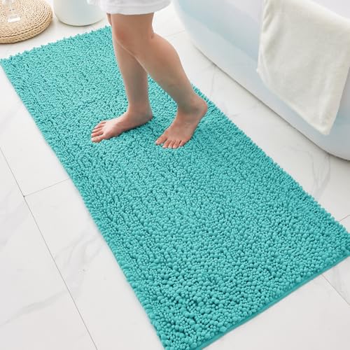 Bathroom Rugs Non Slip Washable 55x24, Extra Thick Soft Chenille Absorbent Bath Mat, High Density Barrier Non Slip Backing, Quick Dry Plush Shaggy Floor Carpet for Tub&Shower, TealBlue - color: Teal Blue, size: 55" X 24"(Bathroom Rug)