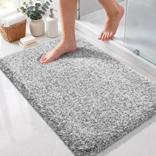 Yimobra Bathroom Rugs Non Slip Washable 32X20, Ultra Soft and Water Absorbent Bath Mats, Plush Fluffy Shower Mat Outside, Microfiber Thick Matts for Bathroom Floor/Tub, Light Gray and White - color: Light Gray and White, size: 32" X 20"
