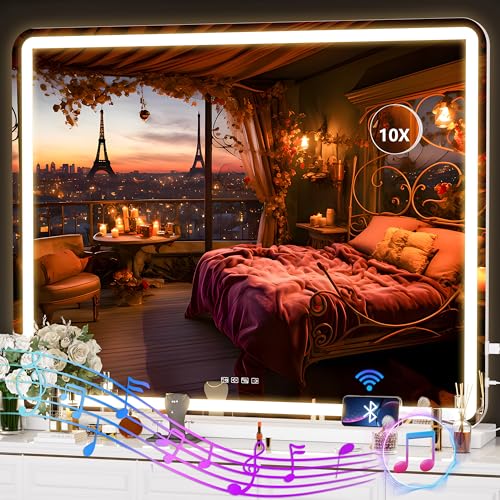 Hasipu Vanity Mirror with Lights and Bluetooth Speaker, 39.4" x 29.5" LED Makeup Mirror, Lighted Makeup Mirror with Dimmable 3 Modes, USB Charging Port, Round White - color: White, size: 39.4"L x 29.5"W