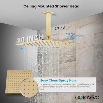 gotonovo Ceiling Shower System with Handheld Brushed Gold,10 inch Head | Ceiling Mount Bathroom Shower Faucet Set,SUS304 Rainfall Head and Handle Set Combo,Brass Valve Trim Kit,All Metal - color: Gold, size: 10 inch Head