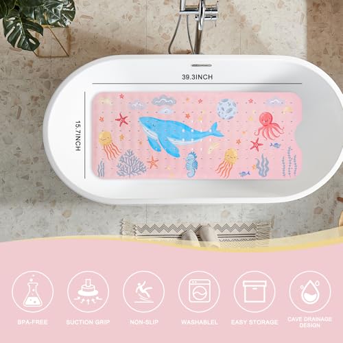 PRATIQUE Kids Bath Mat for Tub Non Slip，40 X 16 Inch Extra Long Kids Bathtub Mat Ocean Bathtub Shower Mat Safety Anti Slip with Suction Cups and Drain Holes, Machine Washable(Pink Whale) - color: Pink