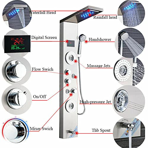 LED Shower Panel Tower Faucet Set rain Massage Body Jets System Stainless Steel