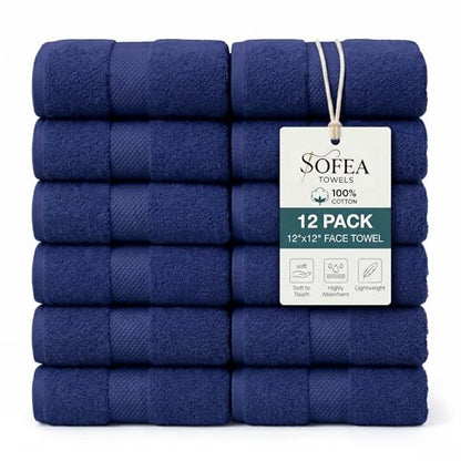 Sofea 100% Cotton Washcloths Set of 12, (12 x 12 Inch) 520 GSM Wash Cloths, Extra Soft Absorbent Quick Dry Face Towels - color: Navy Blue