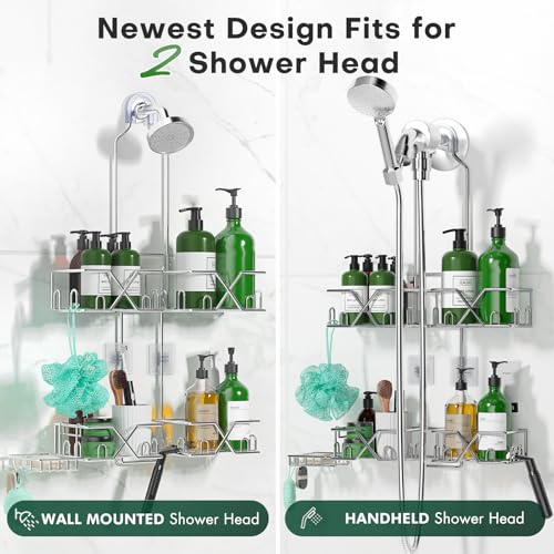 Sewulidon Stainless Steel Shower Caddy Hanging for Handheld Shower Heads,Rustproof Hose Shower Organizer Adjustable Length Shower Rack with 24 Hooks,Razor Holder,Soap Holder - color: New-Silver