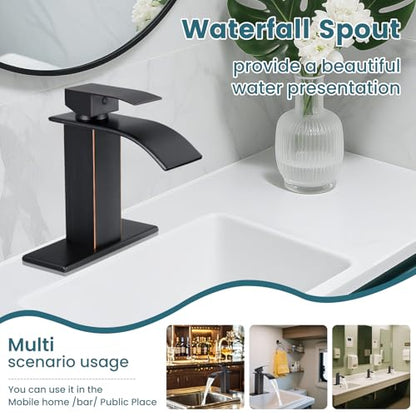 Bathroom Faucets ORB Waterfall Single Handle Bathroom Sink Faucet | with Pop-up Drain & Deck,Supply Hoses,Single Handle Vanity Faucet,Stainless Steel,1 or 3 Hole,RV,Oil Rubbed Bronze - color: A-Oil Rubbed Bronze, style: Short