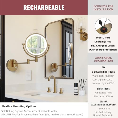 8" Rechargeable Brass 1X/5X Makeup Magnifying Mirror Wall Mount with Light, Upgraded 3-Colors Bright LED Touch Dimmable Extended Arm 360 Rotation for Bathroom, Brushed Modern Brass - color: Brushed Moderne Brass