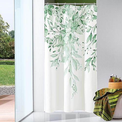 MintGreen Eucalyptus Shower Curtain, Watercolor Floral Print, 36x72 | Watercolor Plant Leaves Floral Print, Waterproof Fabric Bathroom Decor, Machine Washable, Rustproof Grommets - color: Mint Green, size: 36"W x 72"L (Pack of 1)