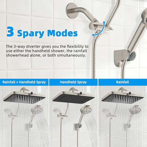 Hibbent 13'' 5-spray Rain Shower Head, 10-Spray Handheld, Brushed Nickel | cUPC Certified High Pressure Dual Showerhead Combo, Upgraded Rainfall Shower Head, 12'' Extension Arm, 71'' Hose & Holder - color: Brushed Nickel, style: Square 13''