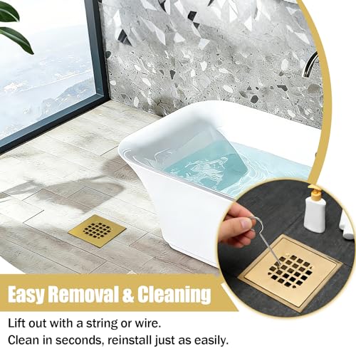 42361 Shower Drain Cover for Oatey 130 Series, 4-1/4" Brushed Gold | Snap-In Square Shower Drain Strainer Helps Prevent Hair Clogs, Improves Drainage & Refreshes Bathroom Floor Drain Appearance