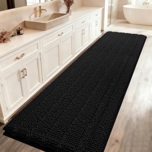 Striped Black Bathroom Rug Mat 48"x17" Ultra Soft, Non Slip Chenille Bath Rugs, Absorbent Plush Shaggy Bath Mats for Bathroom, Bedroom, Kitchen, Shower, Tub - color: Black, size: 1'5" x 3'11" (Runner)