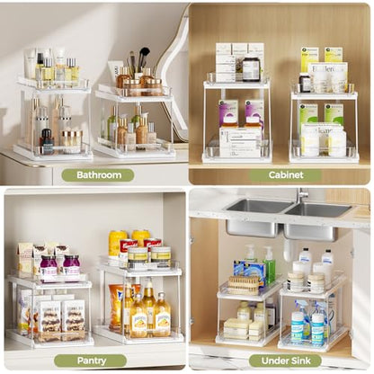 Delamu 2-Tier Bathroom Under Sink Organizers and Storage, Pull Out Cabinet Drawers with Anti-Slip Design, Multi-Purpose Storage for Kitchen, Pantry, Bathroom & Home Organization, White, 4 Pack