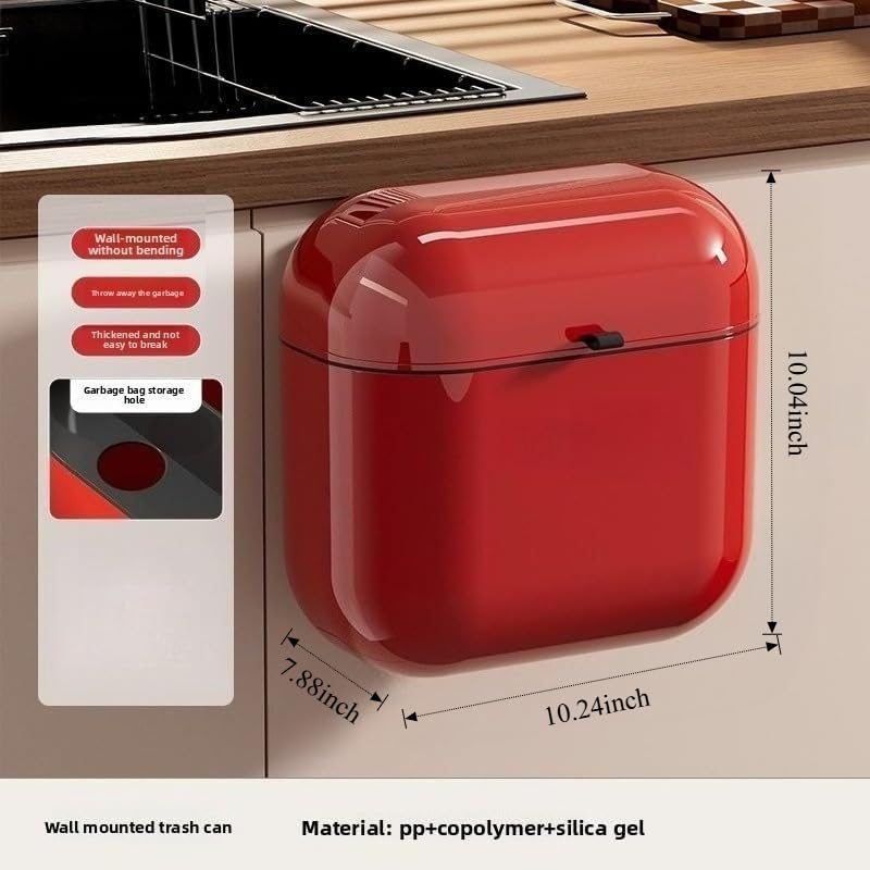 Xuanheju Wall Mounted Trash Can with Lid, 9L Touch-Kind Kitchen & Bathroom Garbage Bin, Water-Resistant Oval Wastebasket for Narrow Spaces, Under Sink, Cabinet - Anchola Red/Cream White (Deep red) - color: Deep red