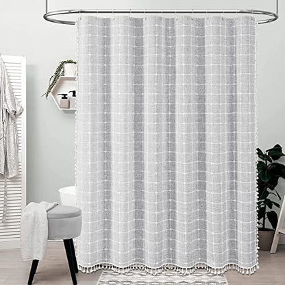 Long Boho Farmhouse Linen Heavy Duty Shower Curtain, 72x84, Gray/Grey | Tall Size, 330GSM Linen Blend, 3-side Tassels, Water Repellent Fabric, 12 Plastic Hooks, Bohemian Style, Machine Washable - color: Grey, size: 72"W x 84"L (Pack of 1)
