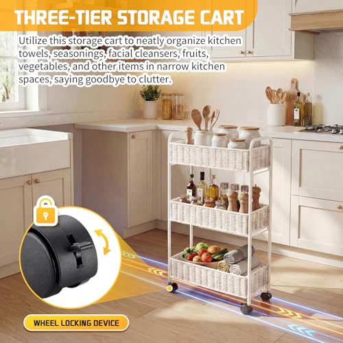 Utility Slim Storage Cart,3-Tier Rolling Kitchen Office Laundry Room Cart,Mobile Shelving Unit Organizer for Living Room Bathroom Baby Diaper Narrow Places (White, UC-White-7.1inch) - color: White