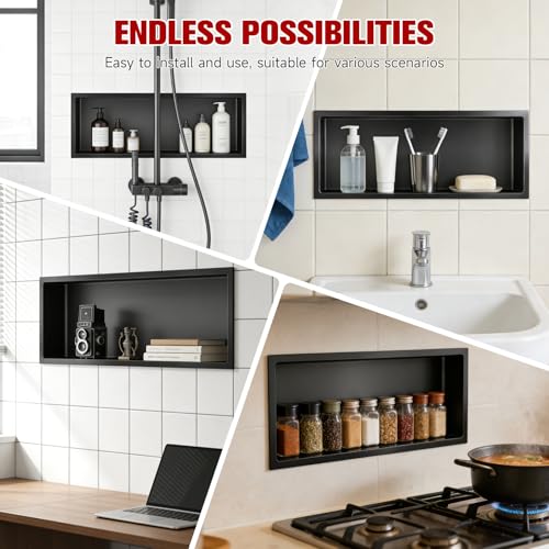 VELPAX No Tile Needed Shower Niche 12"X 36", Bathroom Wall Niche Single Shelf, Stainless Steel Shower Niche for Bathroom, Kitchens, Balconies - color: Black, size: 12"X 36" Single Shelf