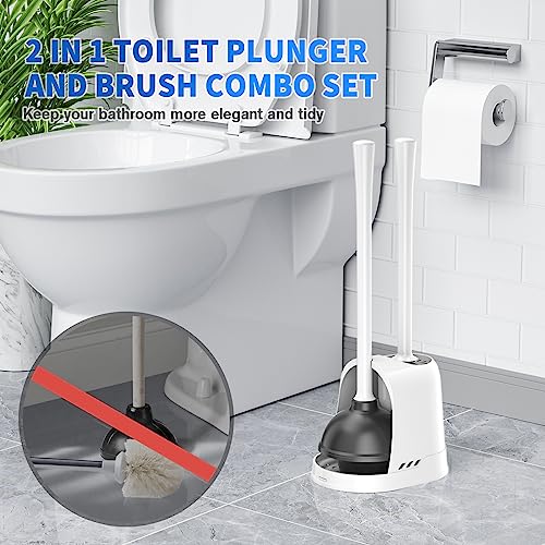 Toilet Plunger and Brush, Silicone Bowl Brush and Heavy Duty Toilet Plunger Set with Ventilated Holder, 2-in-1 Toilet Brush and Plunger Combo for 5.3-inch Bathroom Cleaning (White, 1 Set) - color: White