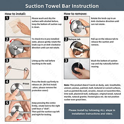 YOHOM Suction Cup Towel Bar for Shower 17 Inch Stainless Steel Bathroom Towel Rack Suction Washcloth Holder Vacuum Hand Towel Bar for Glass Shower Door Removable Towel - color: 17inch-silver