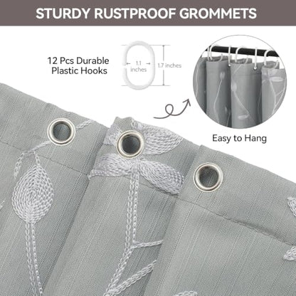 Embroidered Leaf Farmhouse Shower Curtain,Faux Linen,72Wx72L,Grey | Boho Modern Shower Curtain Set, Washable & Waterproof Fabric, Floral Shower Curtains for Bathroom with Hooks - color: Grey