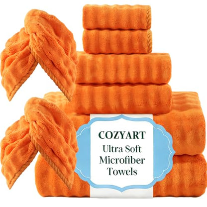COZYART Lint Free 8 Pcs Bathroom Towels Set Ultra Soft Microfiber Orange | Ultra Fluffy, Thick, Highly Absorbent, Fast Dry, No Shedding, No Pilling, Fade Resistant, Durable, Long-lasting - color: Orange