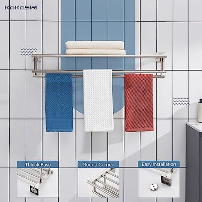 KOKOSIRI Towel Shelf with Double Towel Bars 32 Inches Bathroom Towel Rack Bath Towel Holder Wall Mounted Stainless Steel, Brushed Nickel, B6005BR-L32 - color: Brushed Steel, size: 32 Inch