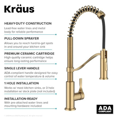 KRAUS Torak Pull Down Kitchen Faucet in Spot-Free Brushed Brass with Commercial Style Spring Spout, 2 Function Sprayer, Pre-Attached Water Lines, and Mounting Hardware, KPF-2635SFBB - color: Spot Free Brushed Brass, style: Commercial Faucet