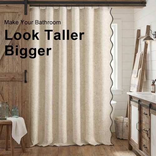 Extra Long Shower Curtains 84 Inch Linen Beige Cute Black Scalloped Boho Modern Shower Curtains for Bathroom Set, 72" W x 84" L