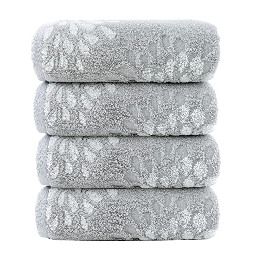 Pidada Hand Towels Set of 4 Hydrangea Floral Pattern 100% Cotton Absorbent Soft Decorative Towel for Bathroom (Light Grey) - color: 4 Light Grey
