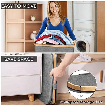 BALEINE Laundry Hamper with Lid, Tall Laundry Baskets with Bamboo Pull Handles, Large Laundry Bin with Internal Support (26 Gal/100L, Grey) - color: Grey, size: 100 liters