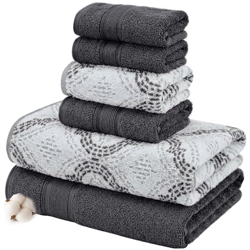 Modern Threads Capri 6-Piece Reversible Yarn Dyed Jacquard Towel Set - Bath Towels, Hand Towels, & Washcloths - Super Absorbent & Quick Dry - 100% Combed Cotton, Coal - color: Charcoal Grey, size: Small, style: Soft Geometric