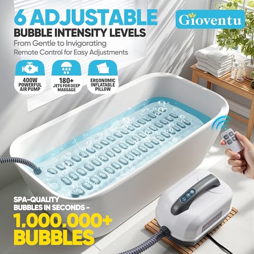 Bathtub Spa Mat, 400W Bubble Massager, 6 Settings, Remote Control, Non-Slip | Full Body Support, Portable Home Spa Jet Mat with Inflatable Pillow, Soft Surface, Strong Suction Cups