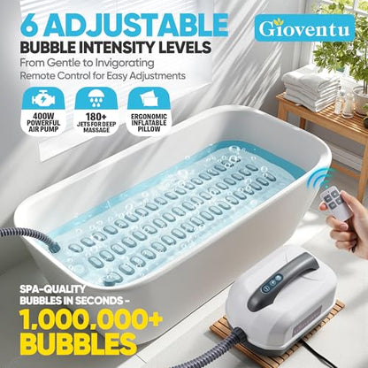 Bathtub Spa Mat, 400W Bubble Massager, 6 Settings, Remote Control, Non-Slip | Full Body Support, Portable Home Spa Jet Mat with Inflatable Pillow, Soft Surface, Strong Suction Cups