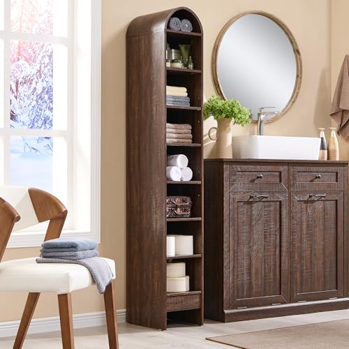 IFBUY 67" Tall Arched Bathroom Storage Cabinet, 8-Tier Modern Farmhouse Storage Cabinet with Adjustable Shelves, Wood Freestanding Cabinet for Bathroom, Living Room, Entryway, Hallway (Brown) - color: Brown, size: 67" Tall 8-Tiers(Narrow)