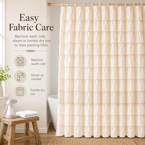 Beige Ruffle Shower Curtain for Bathroom, 72x84 inch, Elegant Ruffled Panel | Ruched Fabric Texture, Cascading Waterfall Ruffles, Extra-Long 72 X 84, 12 Hooks Included, Machine Washable, Opaque Rustic - color: Beige, size: 72"W x 84"L (Pack of 1)