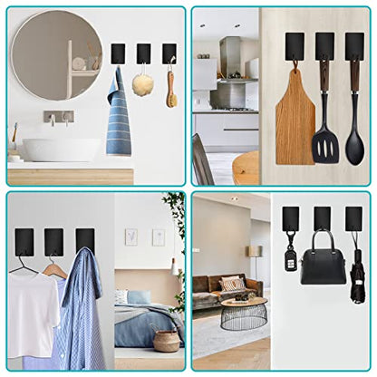 Adhesive Hooks Heavy Duty, Long Stainless Steel Self Adhesive Wall Hook, Sticky Towel Hangers for Kitchen Bathroom, Waterproof Stick on Door Hooks for Hanging Key Hat Coat 4Pack(Black) | Drill-free sticky hangers for kitchen, bathroom & door; hang towel,