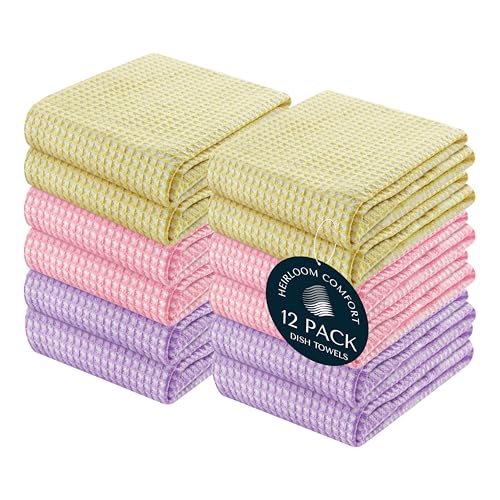 12 Pack 100% Cotton Multi Dual Waffle Weave Kitchen Towels, 16x26 Inch, Super Absorbent, Quick Dry Towel Set, Soft Hand Towels for Cleaning, Durable - Lemon Yellow, Pink, Lavender - color: Lemon Yellow, Pink, Lavender, size: 16 x 26 - Pack of 12
