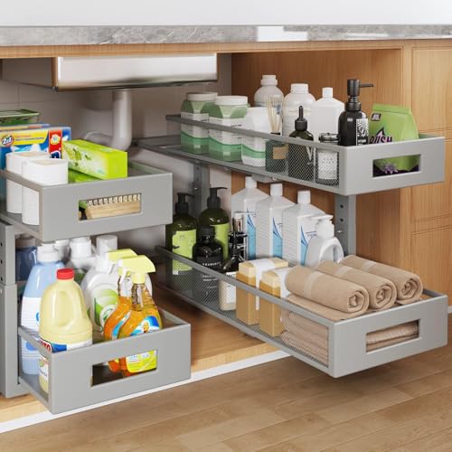 2 Packs 21IN Depth Under Sink Organizer, 2-Tier Pull Out Cabinet Organizer With Smooth Circular Rail, Large Capacity Metal Mesh Sliding Drawers For Bathroom& Kitchen Storage,Height Adjustable-Gun Gray - color: Gun Gray, size: 2 Pack-21"Dx11.6"-16.7" H