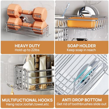 Shower Caddy Suction Cup, 3 Pack Heavy Duty Bathroom Organizer | Silver Soap Holder, Removable Bathroom Organizer With Hook, Rustproof Shower Storage - color: 3 X Silver